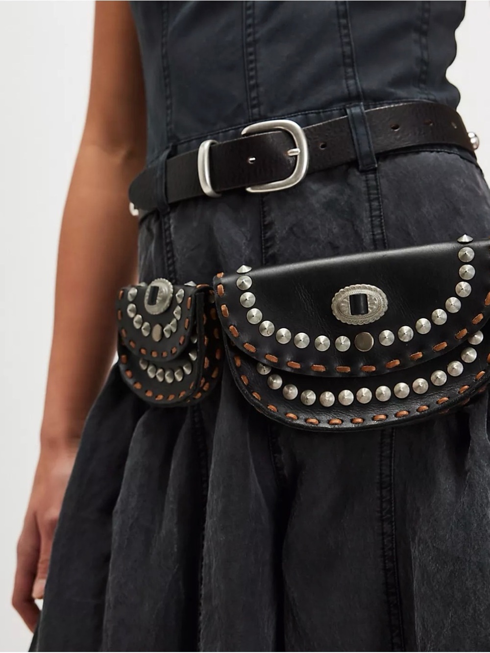 Free People Black Leather Double Belt Bag with Silver Studs